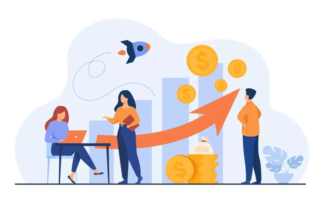 Ilustração mostrando crescimento salarial, com uma seta apontando para cima, moedas de dinheiro e pessoas trabalhando, representando o salário mínimo de Santa Catarina para domésticas.