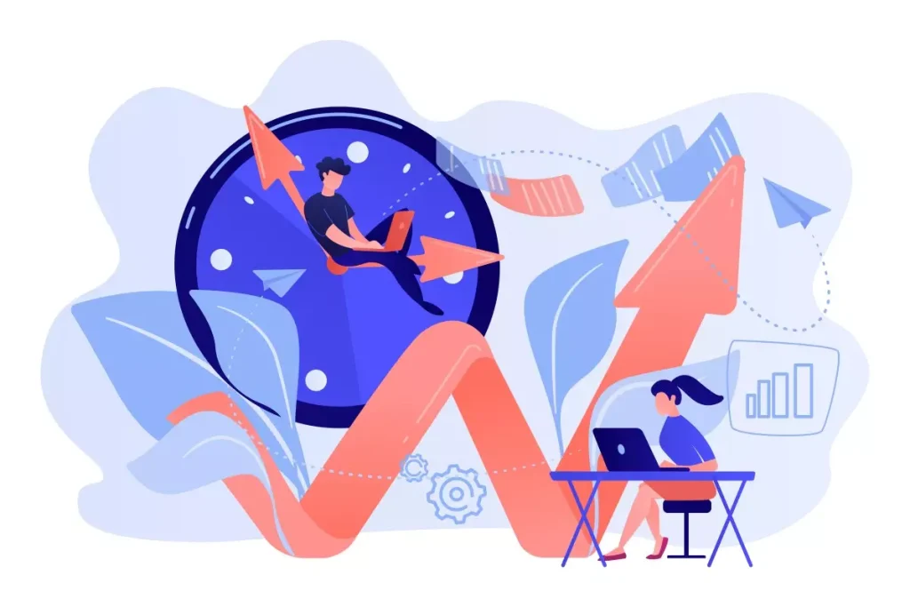 Ilustração representando a gestão de turnos para cuidadores de idosos com gráficos e relógio mostrando a importância de escalas eficazes nesse setor.