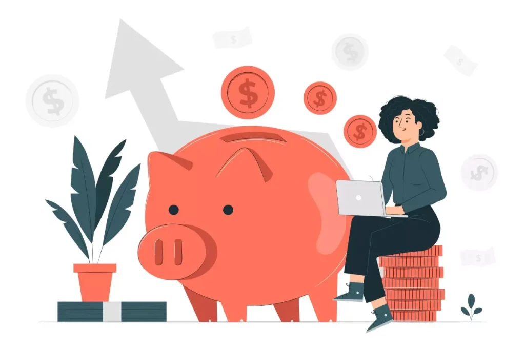 Ilustração de uma mulher com laptop sentada ao lado de um cofrinho que representa a venda de férias da empregada doméstica, com moedas ao redor.