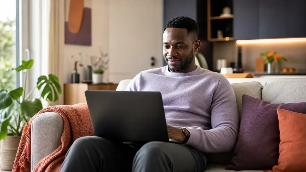 Homem sentado em um sofá confortável na sala, usando notebook para saber como encontrar uma empregada doméstica enquanto relaxa e sorri, com almofadas decorativas e plantas ao fundo