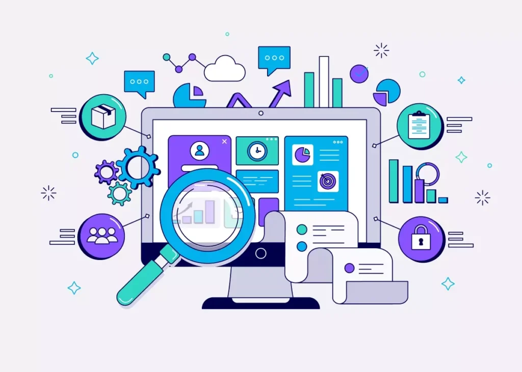 Imagem ilustrativa de um computador com gráficos, análise de dados e documentos relacionados ao Meu INSS, destacando a importância de acompanhar seus benefícios previdenciários.