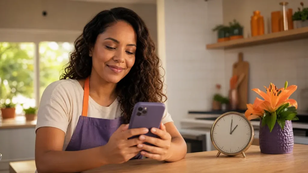 Mulher usando avental roxo cozinha e verifica o celular sorrindo, com relógio de mesa e vaso de flores laranjas na bancada em um ambiente doméstico iluminado representando por que fazer o controle de ponto do empregado doméstico