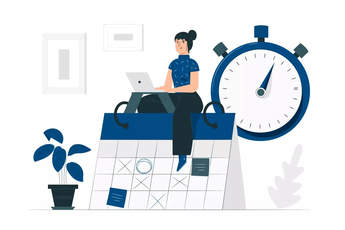 Pessoa sentada na cama com um notebook, simbolizando a organização da carga horária de doméstica, com um relógio grande ao fundo mostrando o controle do tempo.