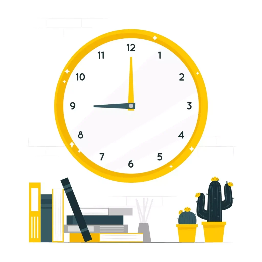 Imagem de relógio amarelo com ponteiros indicando 12 horas, acompanhado de uma prateleira com livros, uma planta suculenta e dois vasos de cacto, representando organização e gestão de tempo para definir carga horária de doméstica.