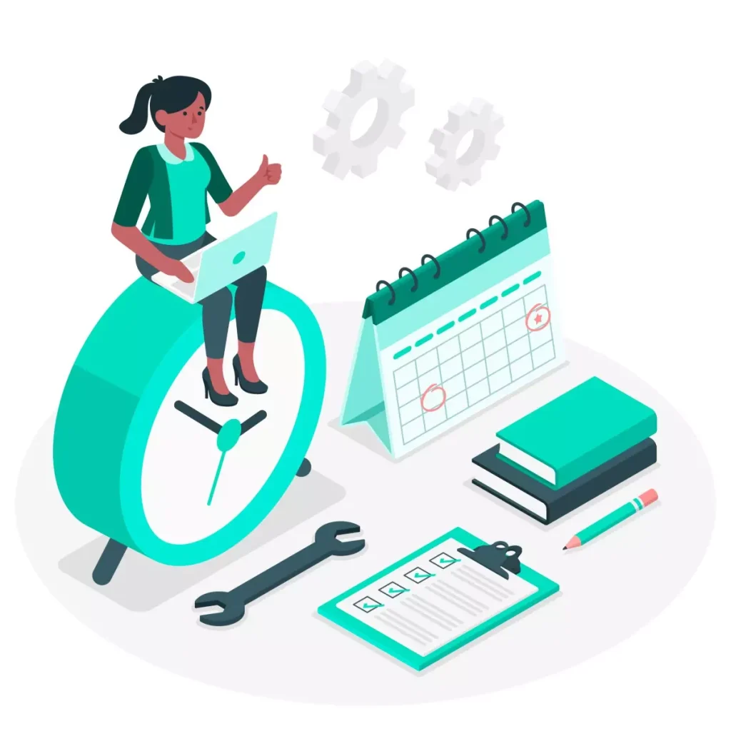 Ilustração de uma mulher organizando sua rotina de trabalho com planejamento, calendário e ferramentas de organização para administrar eficientemente as tarefas domésticas.