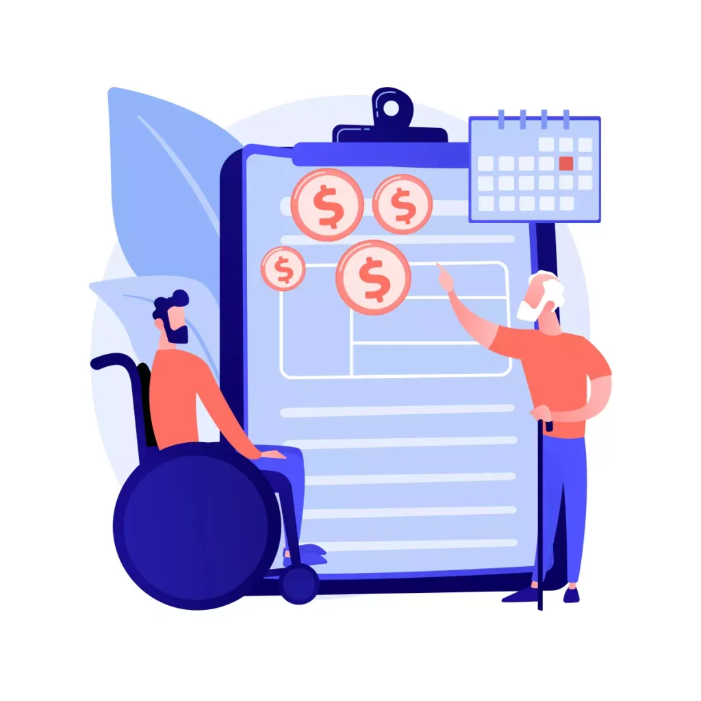 Ilustração de uma aposentada sendo contratada como empregada doméstica, com documento, computador e ícones de dinheiro, mostrando processo de contratação.