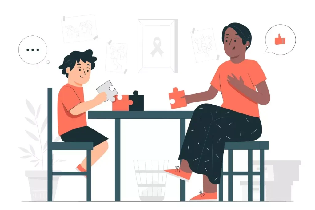 Imagem de mãe e criança brincando com blocos de montar na sala, ideal para quem busca contratar babá meio período para cuidar dos filhos.
