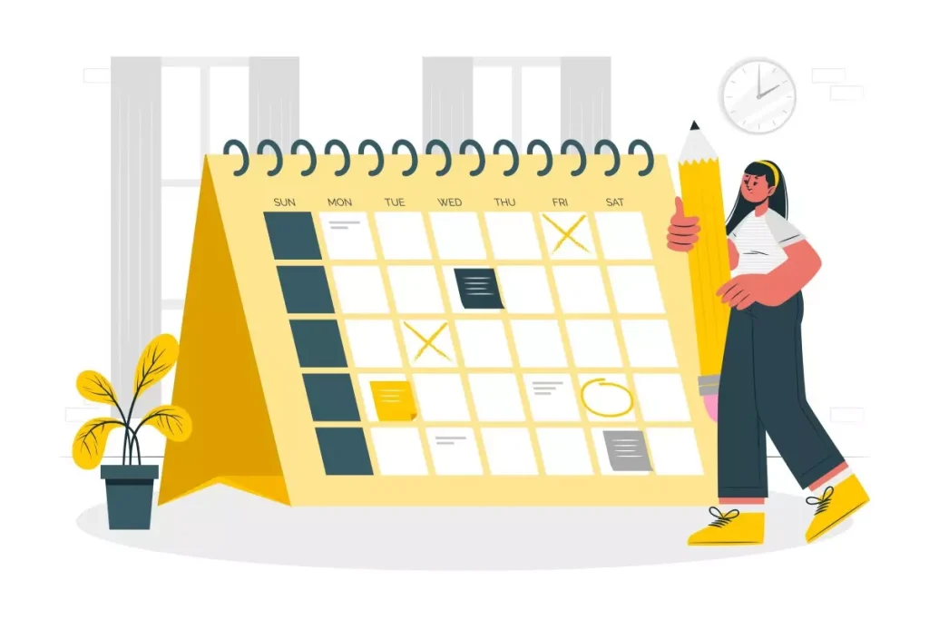Imagem ilustrativa de uma agenda marcando férias antecipadas para empregada doméstica, com calendário, telefone, relógio e uma mulher segurando papéis, simbolizando planejamento de férias.