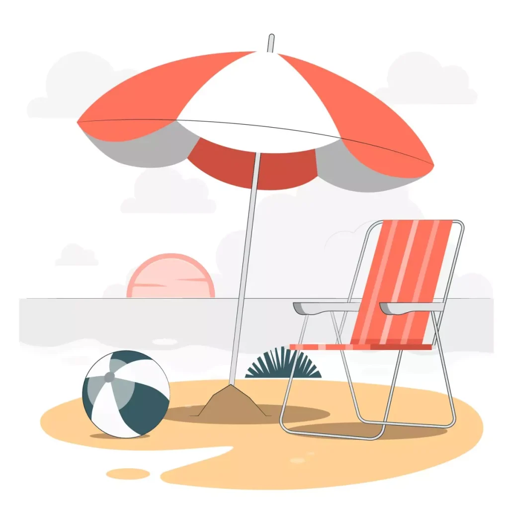 Imagem de uma cadeira de praia, guarda-sol, bola de praia e cadeiras ao ar livre, simbolizando férias e descanso durante o período de férias da babá e escolares.