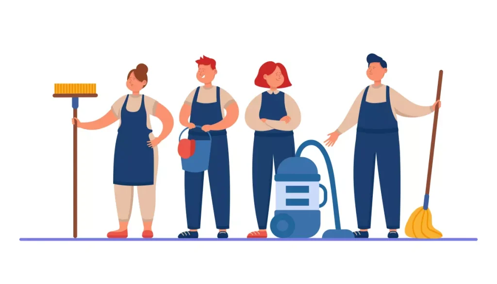 Imagem ilustrativa de empregadas domésticas usando uniforme, com vestimentas práticas, avental e instrumentos de limpeza, representando o uso de uniforme para empregada doméstica.