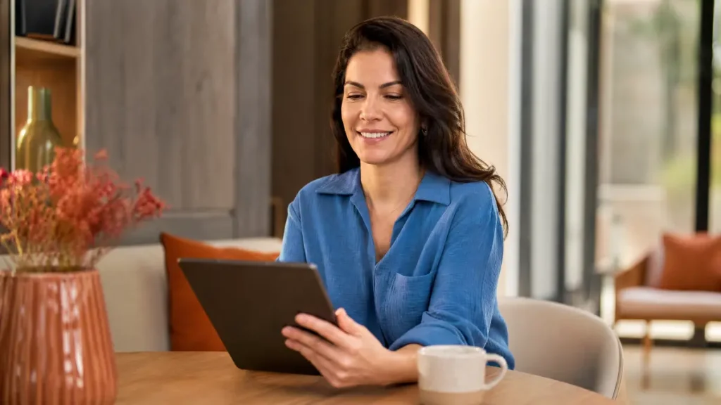 Mulher sorridente em casa usando tablet, com blusa azul e caneca na mesa, em uma sala iluminada com vasos decorativos e sofá ao fundo representando as obrigações do empregador doméstico em julho.