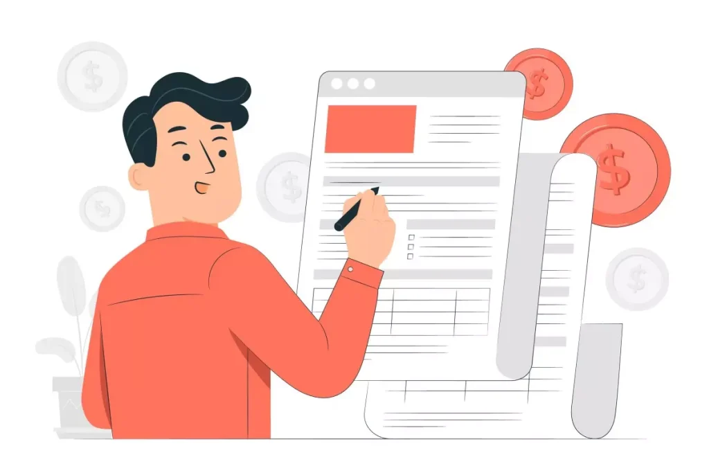 Ilustração demonstrando como emitir a guia DAE do eSocial doméstico, com pessoa preenchendo documentos e ícones relacionados ao pagamento de tributos.