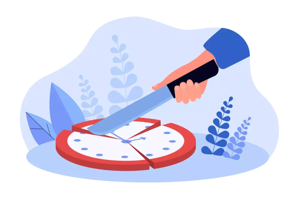 Ilustração representando limite de horas na jornada parcial da doméstica, com uma mão segurando uma tesoura sobre um relógio de parede, simbolizando controle de tempo