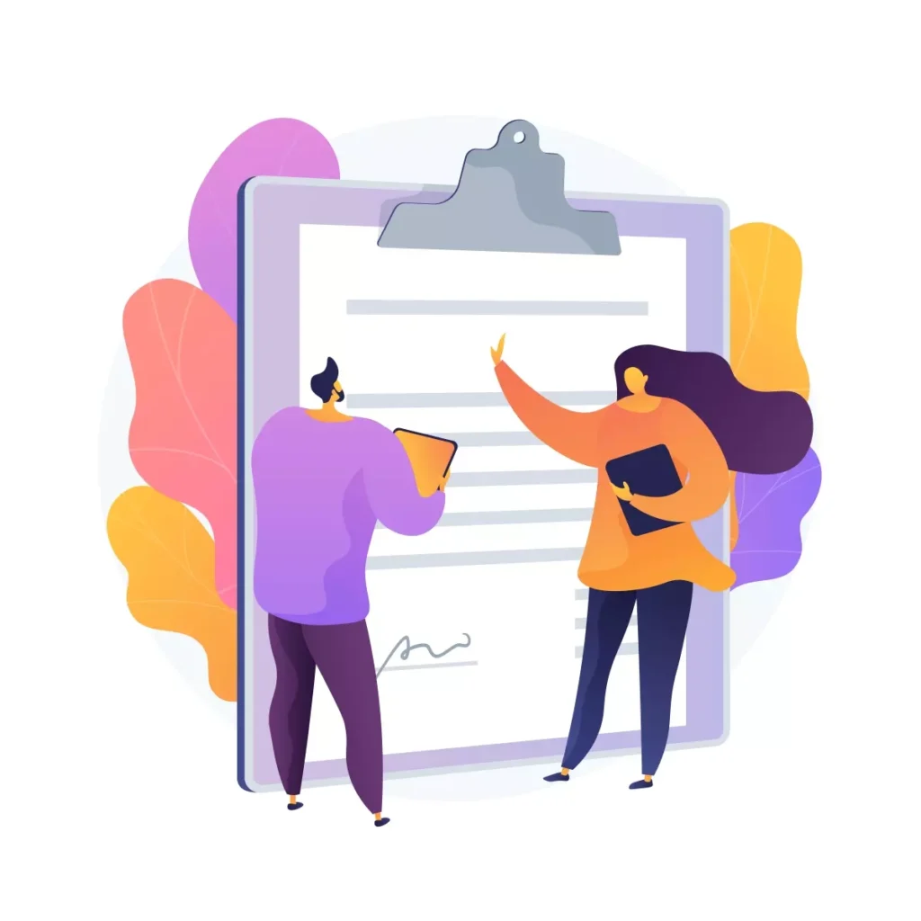 Ilustração de duas pessoas discutindo sobre a carteira de trabalho da empregada doméstica, com um grande clipboard e documentos, destacando o tema da legislação trabalhista.