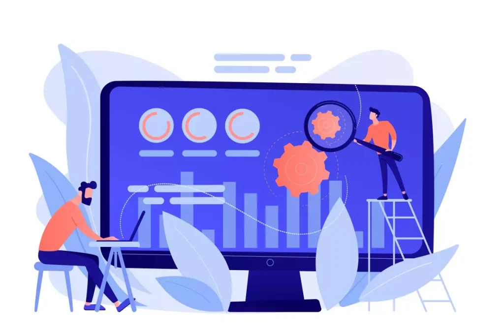 Ilustração demonstrando os benefícios de contratar uma plataforma para gestão da doméstica, com gráficos, pessoas interagindo com tecnologia, destacando eficiência e organização.