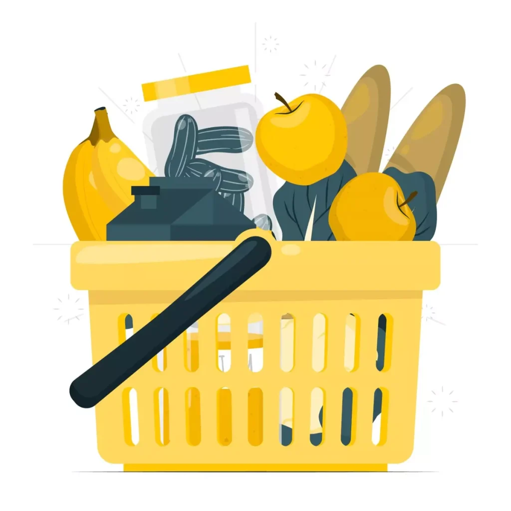Empregada doméstica com direito a cesta básica, representada por frutas e itens de supermercado em uma cesta. Informação importante sobre direitos trabalhistas.