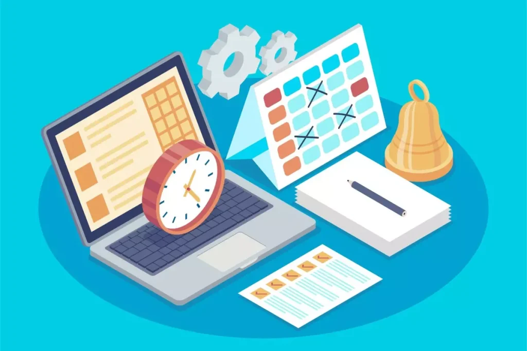 Imagem ilustrativa destacando a importância do registro de ponto para doméstica, com calendário, relógio, planilha e dispositivos eletrônicos.