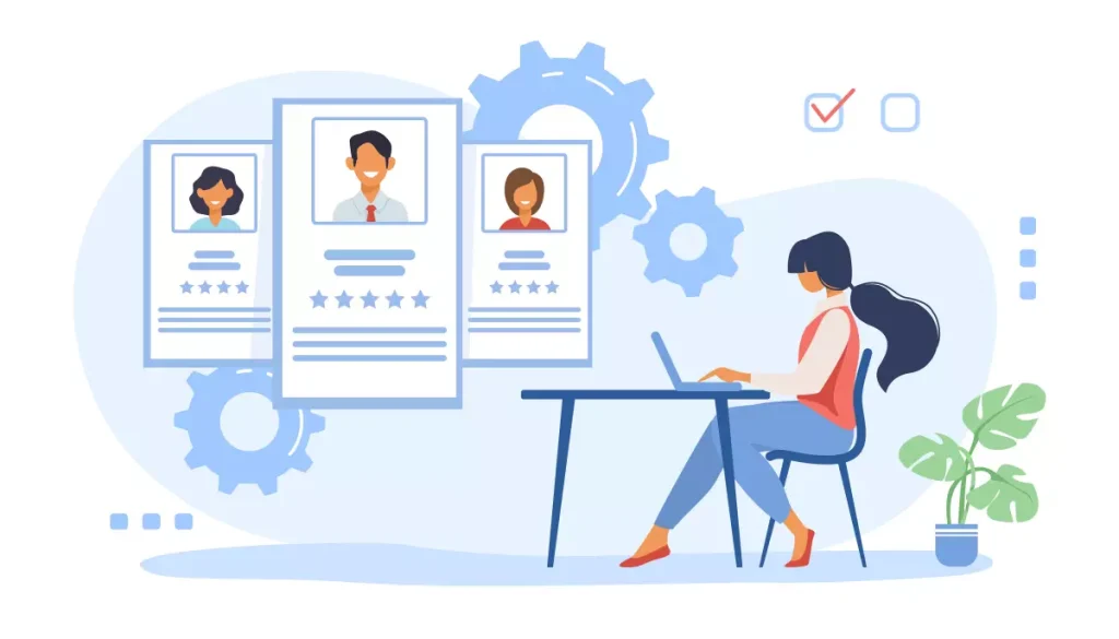 Imagem ilustrativa sobre como contratar uma empregada doméstica, mostrando um computador, perfil de candidatos, processo de seleção e planejamento de contratação.