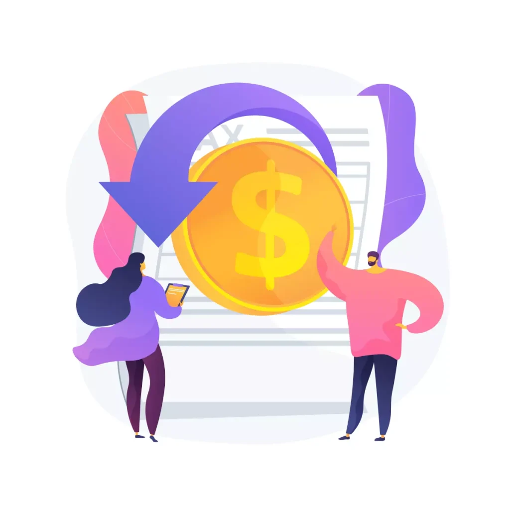 Ilustração representando a devolução da multa do FGTS para o empregador, com símbolo de moeda, seta circular e personagens interagindo com documentos.