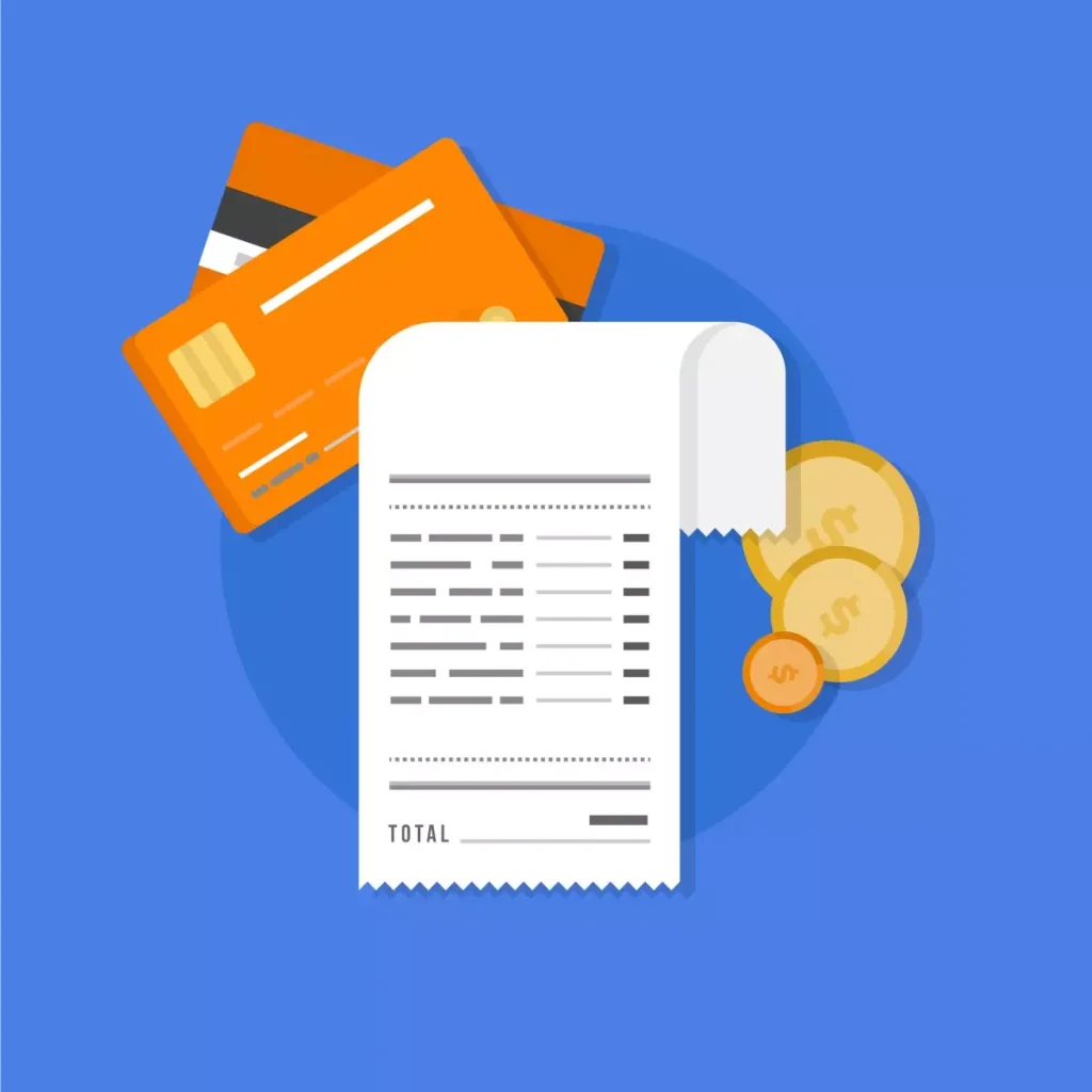 Imagem ilustrativa de emissão de recibo de pagamento para doméstica, com cartão de crédito, dinheiro e recibo sobre fundo azul, destacando o processo de emissão de recibo de pagamento para trabalhadoras domésticas.