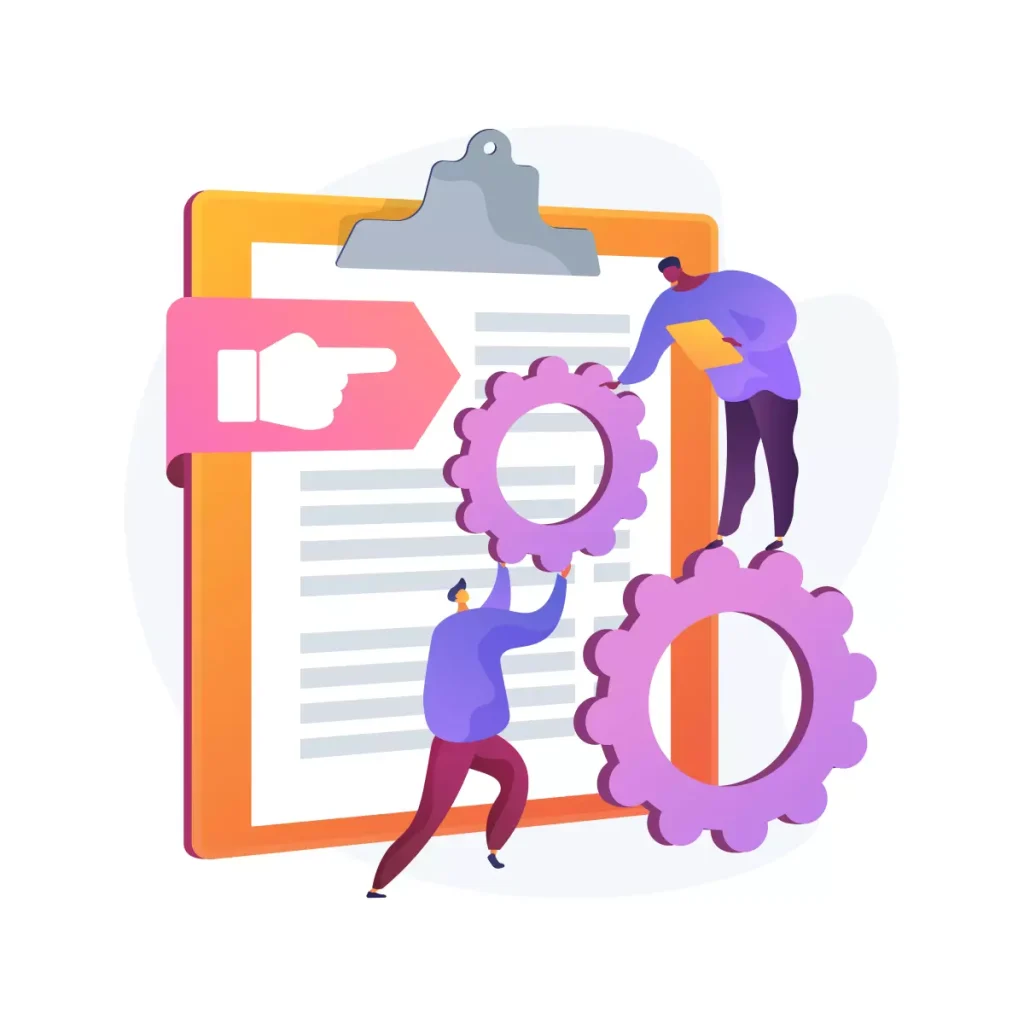 Ilustração de empregadores domésticos verificando obrigações, com gráficos e engrenagens representando tarefas e responsabilidades em outubro.