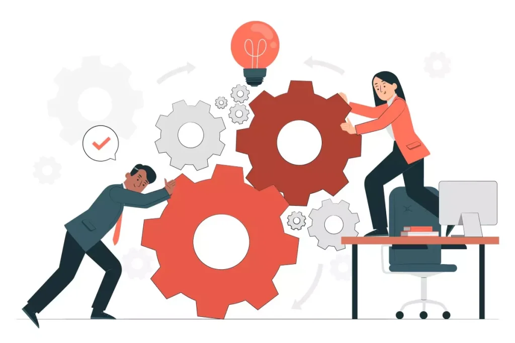 Ilustração representando o acúmulo de função para doméstica, com duas pessoas ajustando engrenagens, simbolizando sobrecarga de tarefas no trabalho doméstico.