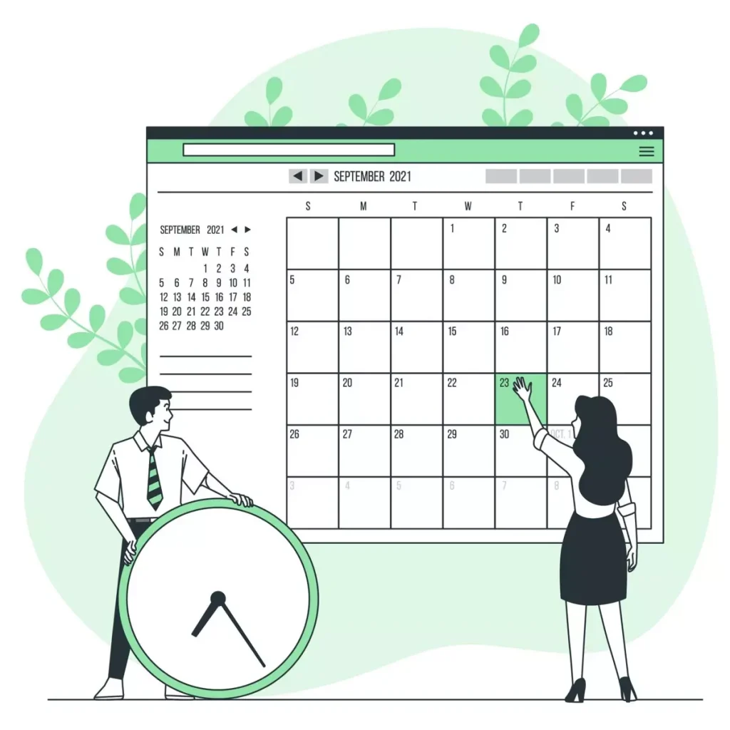 Planejamento da folga da empregada doméstica em um calendário, com uma mulher marcando a data e um homem segurando um relógio grande, representando organização e controle de horários.