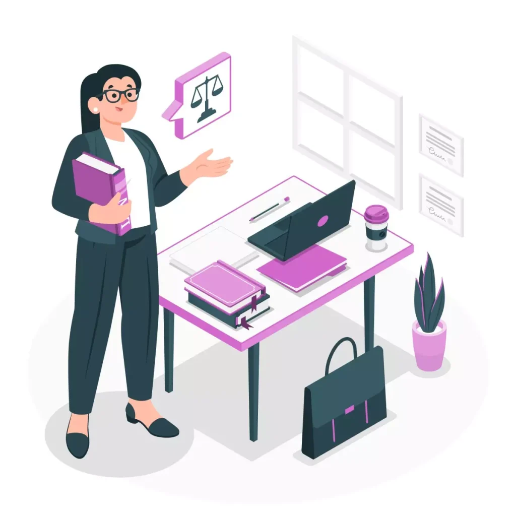 Ilustração de uma advogada explicando o processo trabalhista no eSocial doméstico, com computador, documentos e uma caneca na mesa de escritório bem organizada.