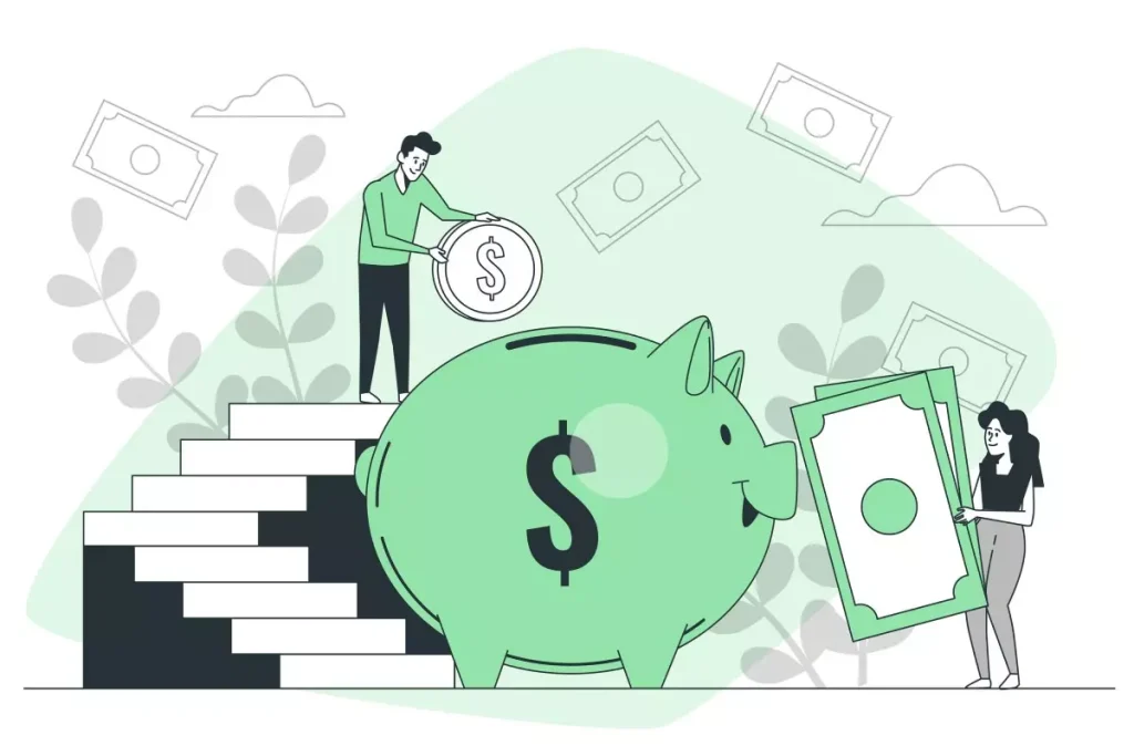 Ilustração de uma empregada doméstica recebendo pagamento, simbolizando a questão 'quanto ganha uma empregada doméstica', com um porquinho de cofrinho e moedas ao fundo.