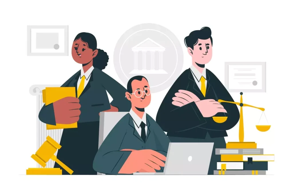 Ilustração de um advogado com clientes, simbolizando ações trabalhistas no emprego doméstico, mostrando papeladas, laptop e livros jurídicos.