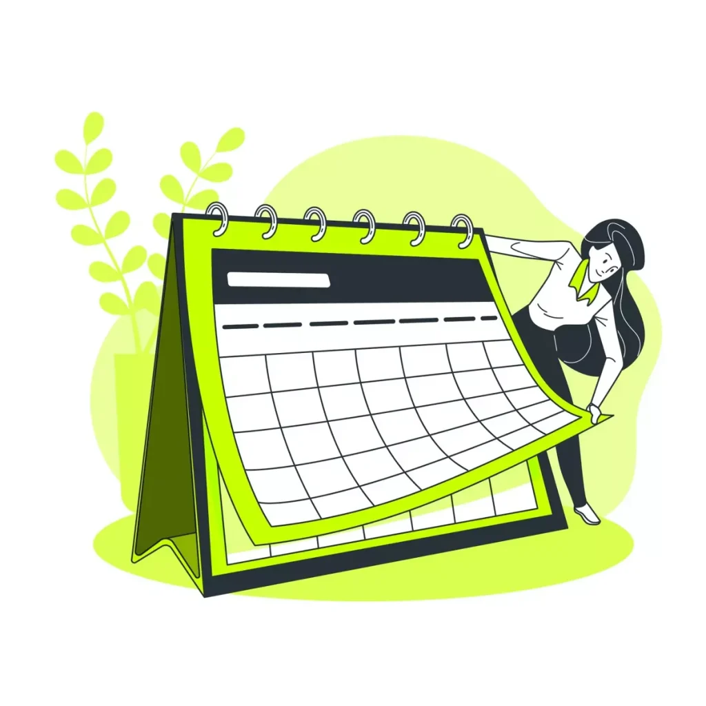 Ilustração de calendário com uma empregada doméstica apontando para datas importantes relacionadas aos feriados da empregada doméstica 2024, destacando planejamento e organização para o próximo ano.