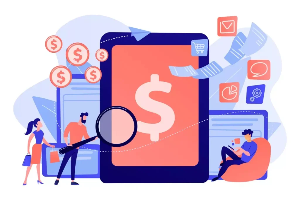 Ilustração representando o salário mínimo do Rio de Janeiro 2024, com símbolos de dinheiro, computador e pessoas analisando dados econômicos.