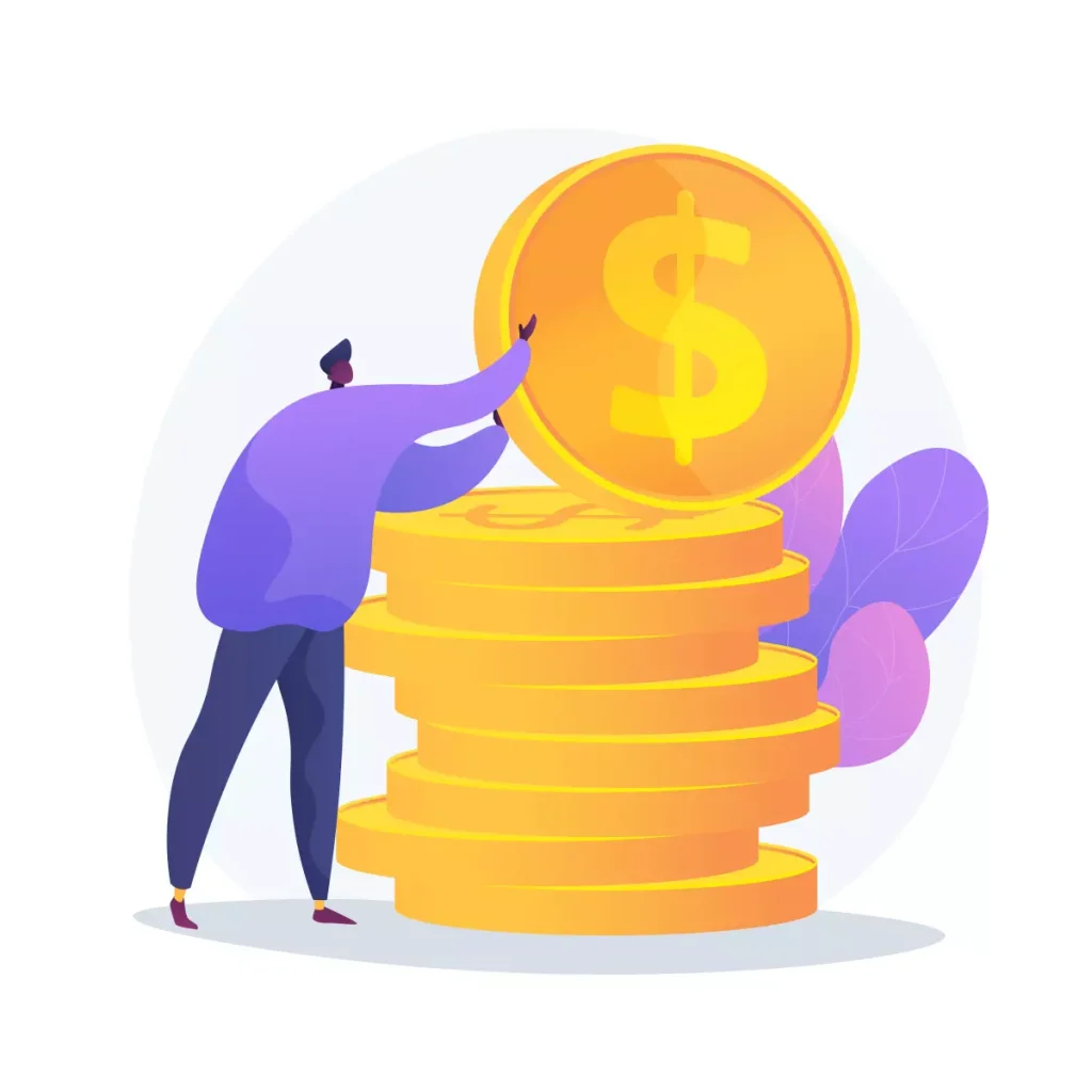 Ilustração representando a importância do salário mínimo regional 2024, com uma pessoa ao lado de uma pilha de moedas douradas e um símbolo de dólar, destacando os reajustes e benefícios para trabalhadores.