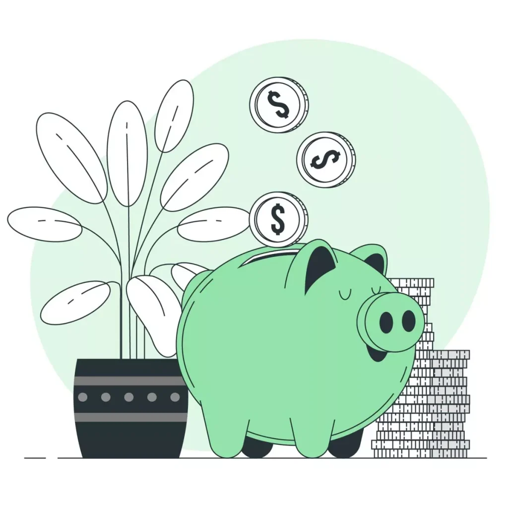 Ilustração de uma planta, um cofrinho verde com moedas e um dinheiro empilhado, representando economia e salário mínimo regional para domésticas.