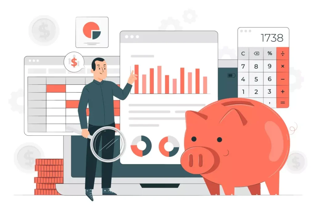 Imagem ilustrativa mostrando gráficos, planilhas e uma calculadora, representando o custo mensal de uma empregada doméstica, além de um porquinho de poupança.