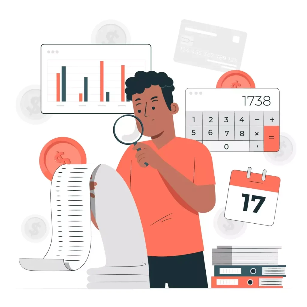 Homem analisando contas e despesas relacionadas ao custo mensal de uma empregada doméstica, com gráficos, calculadora e recibos ao redor.