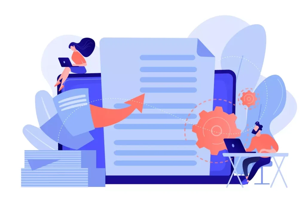 Ilustração representando o processo de declaração da DIRF 2024 do empregador doméstico, com documentos, computador e equipe organizando informações fiscais.