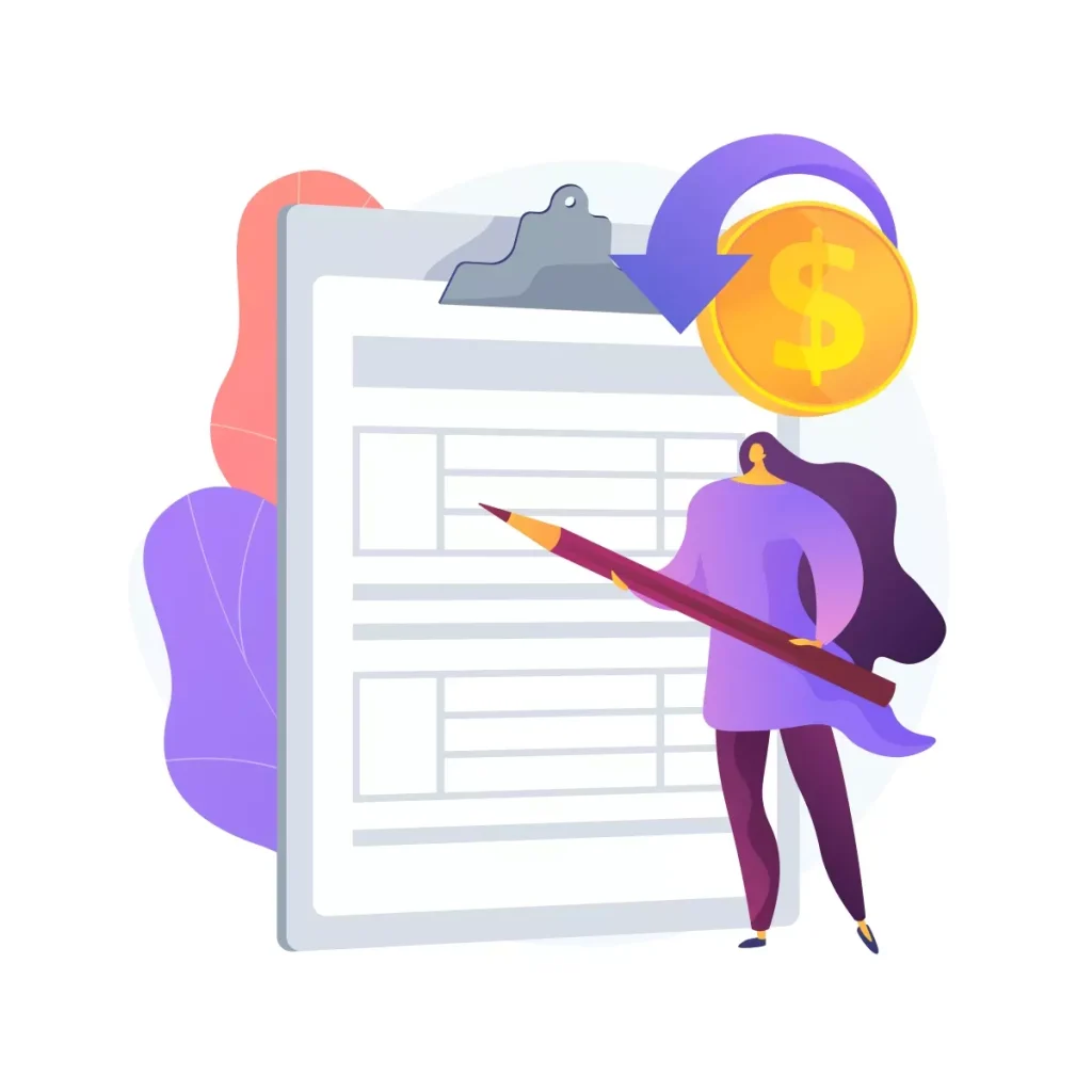 Ilustração de uma mulher preenchendo uma declaração do IRPF 2024 da empregada doméstica, com símbolo de dinheiro ao lado, representando o processo de declaração de imposto de renda.