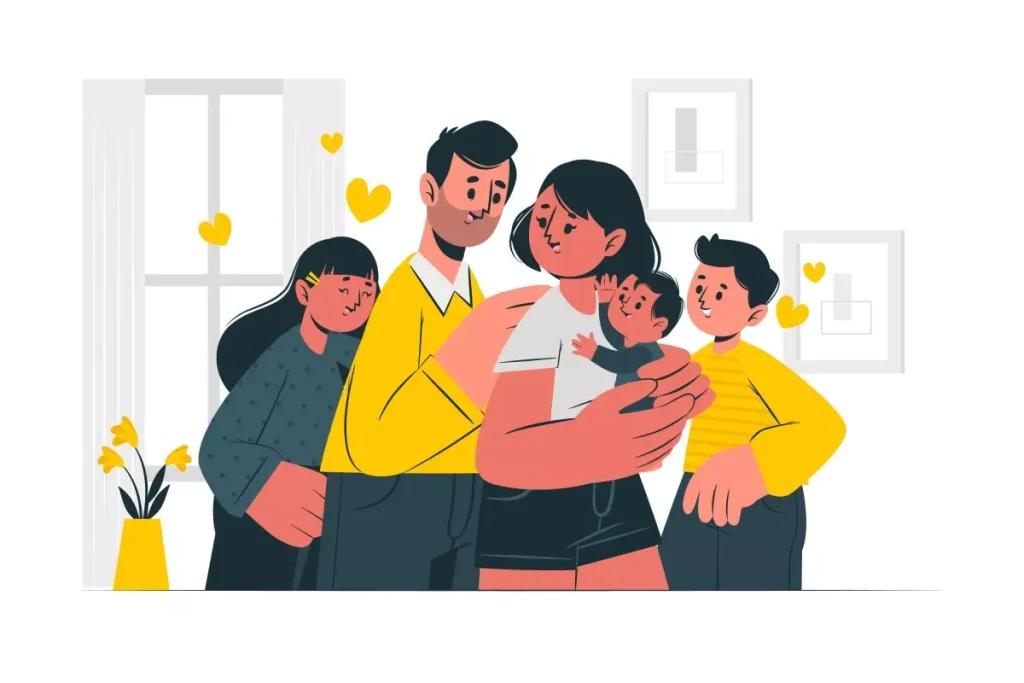 Ilustração mostrando uma família feliz conversando em casa, com foco na mulher que segura uma criança, representando benefícios do salário-família 2024 para domésticas.