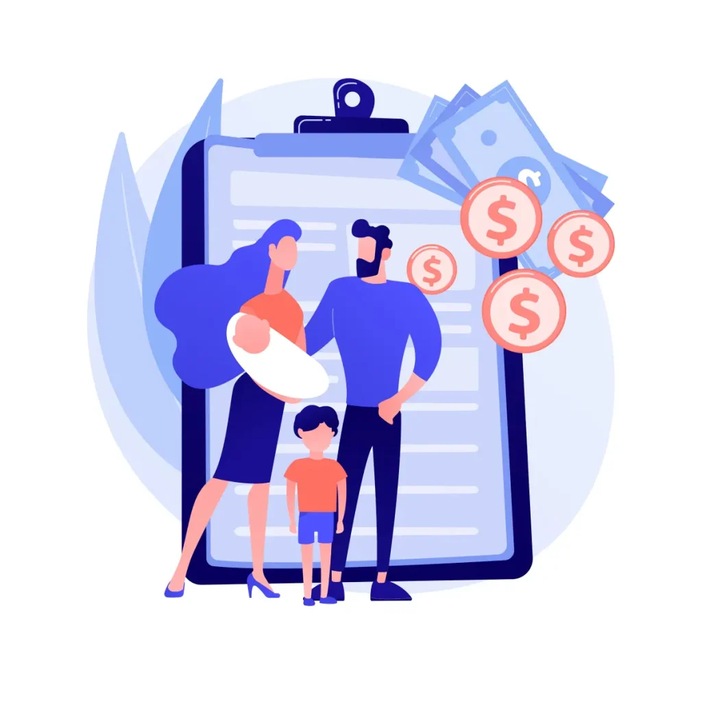 Ilustração mostrando uma família com uma empregada doméstica, além de dinheiro e um formulário, representando o salário-família 2024 para domésticas.