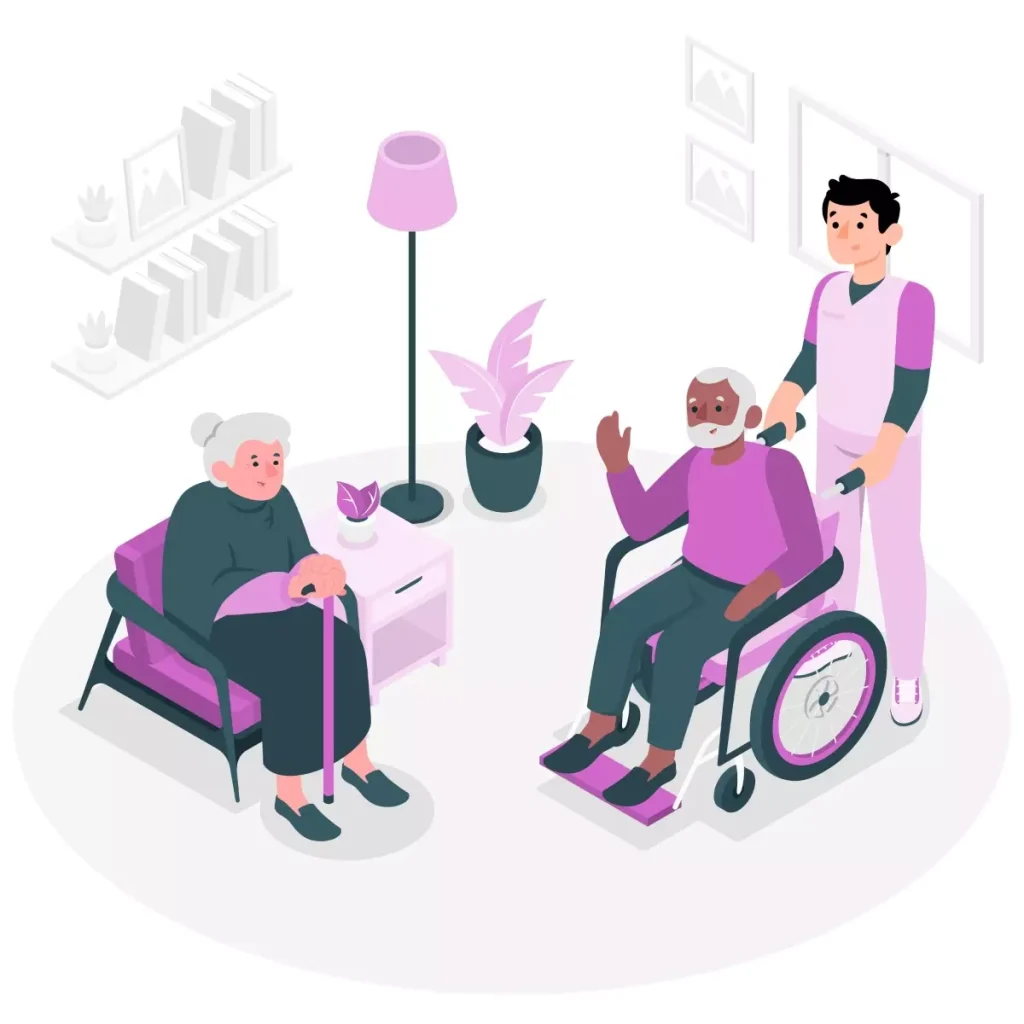 Imagem ilustrativa de um aplicativo para controle de ponto do cuidador, mostrando um profissional ajudando uma pessoa em cadeira de rodas e uma idosa em um ambiente amigável e acolhedor.