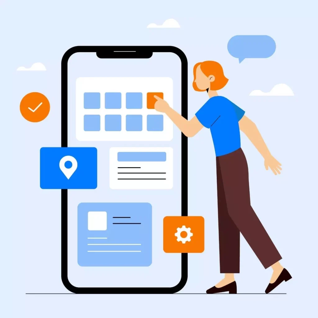 Ilustração de uma mulher usando aplicativo para gestão da babá em smartphone, com ícones de localização, configurações e agenda.