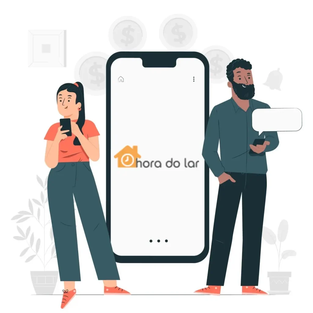 Ilustração mostrando duas pessoas usando o aplicativo Hora do Lar no smartphone, explicando como funciona o app para facilitar tarefas domésticas.