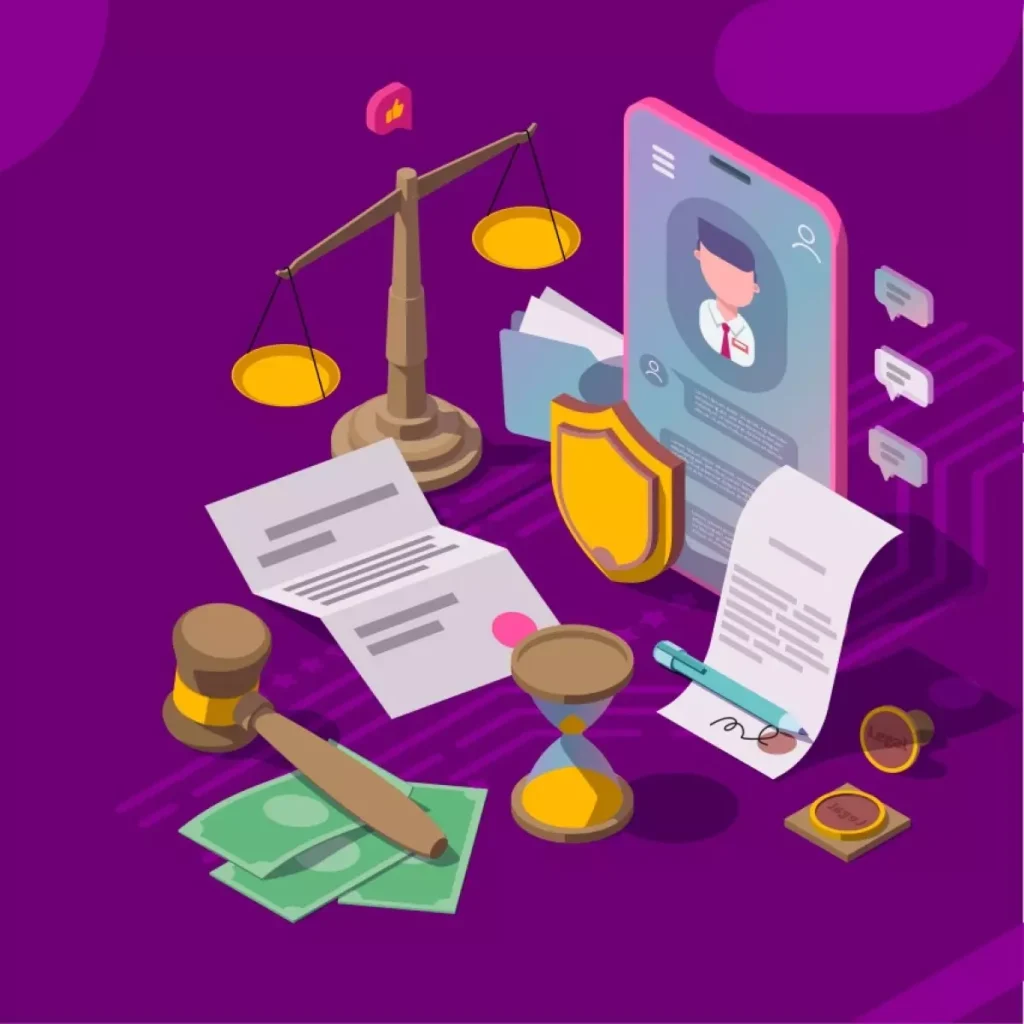 Imagem ilustrativa de um aplicativo para empregadores que ajuda a evitar ações trabalhistas, apresentando documentos, uma balança de justiça, e um escudo de proteção.