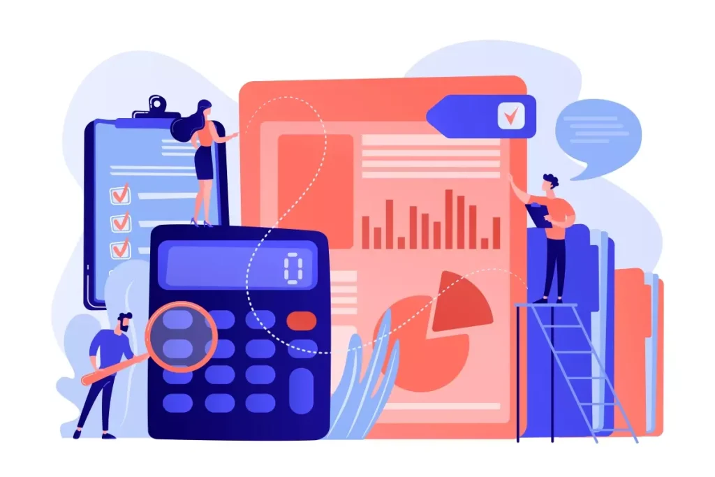 Imagem ilustrativa de uma situação de facilitar os cálculos da empregada doméstica, mostrando gráficos, planilhas, uma calculadora e pessoas interagindo com documentos para otimizar esse processo.