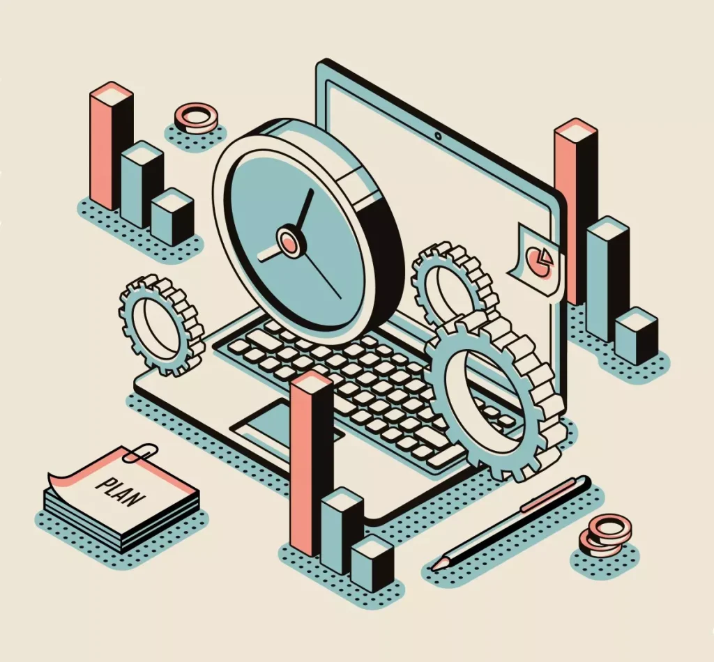 Ilustração de uma ferramenta para gestão da empregada doméstica, incluindo computador, cronômetro, planilha, e elementos de planejamento e organização.