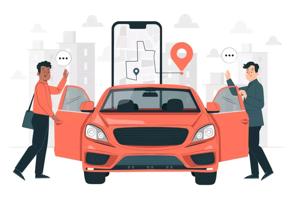 Ilustração representando a jornada de trabalho do motorista particular, com dois motoristas, um carro alugado e um aplicativo de navegação no celular, destacando a rotina profissional.