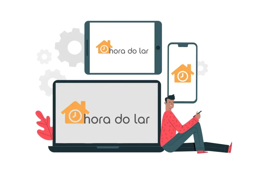 Ilustração de uma plataforma digital chamada 'Hora do Lar' exibida em diferentes dispositivos, representando gestão eficiente e controle residencial online.