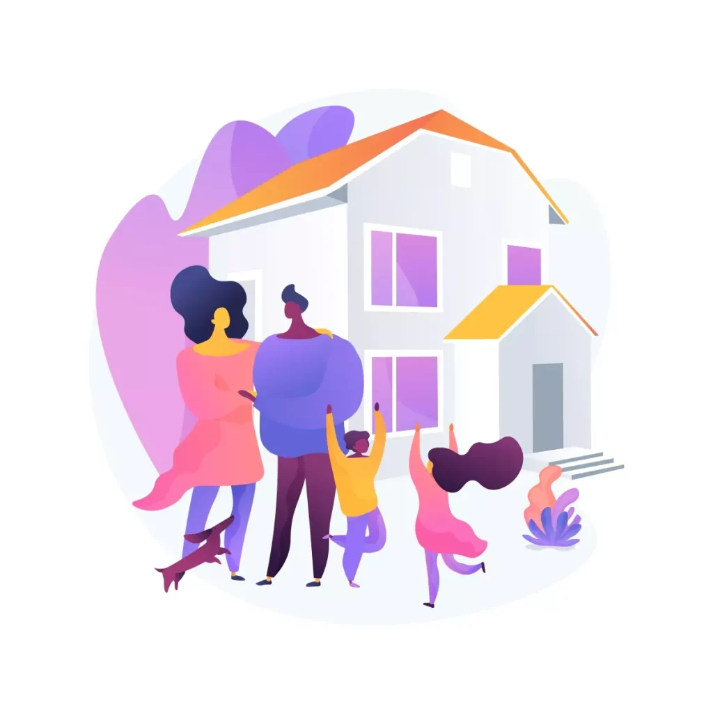Família feliz conversando com profissionais do serviço 'Hora do Lar' em frente à uma casa moderna, destacando os benefícios de contratar essa assistência.