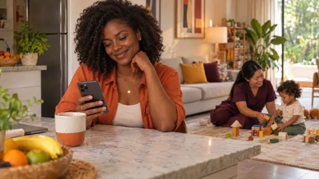 Mulher sorridente em casa usando celular enquanto crianças brincam ao fundo; cena que ilustra um aplicativo para gestão da babá